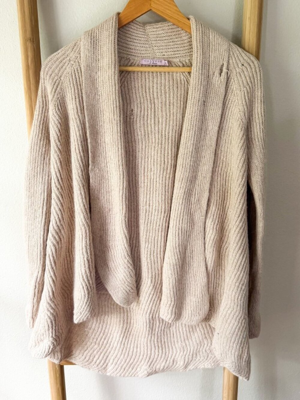 Calypso St Barth Baby Alpaca Cardigan M Open Front Chunky Knit Beige